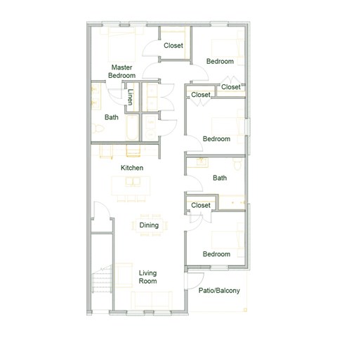 Floor plan for 4 beds, 2 baths, 1470 sqft